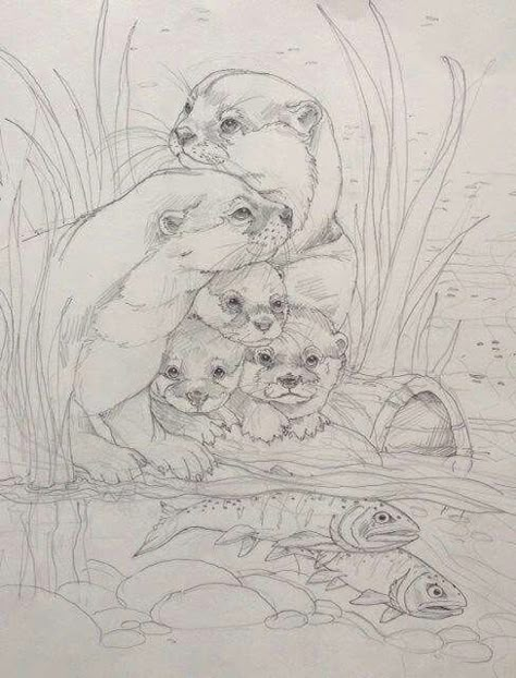 . Drawing Of Otters, Draw An Otter, Otter Reference Drawing, Otter Art Reference, Otter Family Tattoo, Otter Family, Otter Drawing Sketches, Otter Pencil Drawing, Otter Drawing Colored Pencil