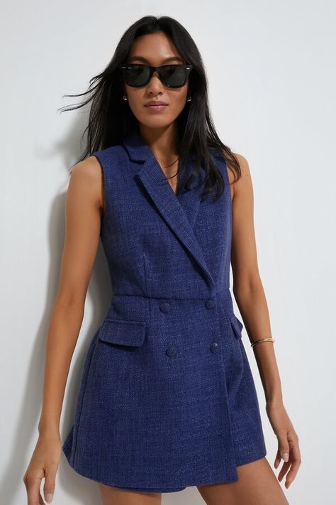 Pomander Place Navy Tweed Campbell Romper Realtor Fits, Summer Office Attire Women, Fashion Uniform, Hamptons Aesthetic, Conference Ideas, Tweed Texture, Exposure Therapy, College Gameday, Fancy Fits