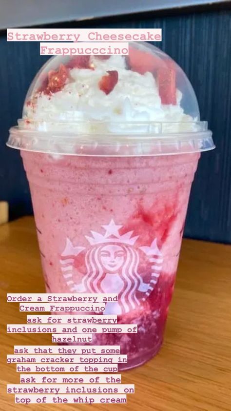 Cheesecake Frappuccino Starbucks, Strawberry Cheesecake Frappuccino, Strawberry Starbucks Drink, Frappuccino Starbucks, Starbucks Drink Menu, Starbucks Secret Menu Recipes, Cold Starbucks Drinks, Starbucks Strawberry, Starbucks Drinks Diy