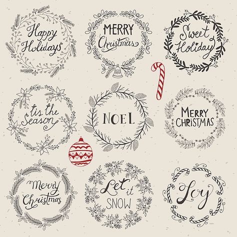 Christmas Designs Drawing, Christmas Wreath Illustration, Hand Drawn Christmas, Wreath Illustration, Christmas Calligraphy, Wreath Drawing, Writing Letters, Christmas Doodles, Drawing Vector