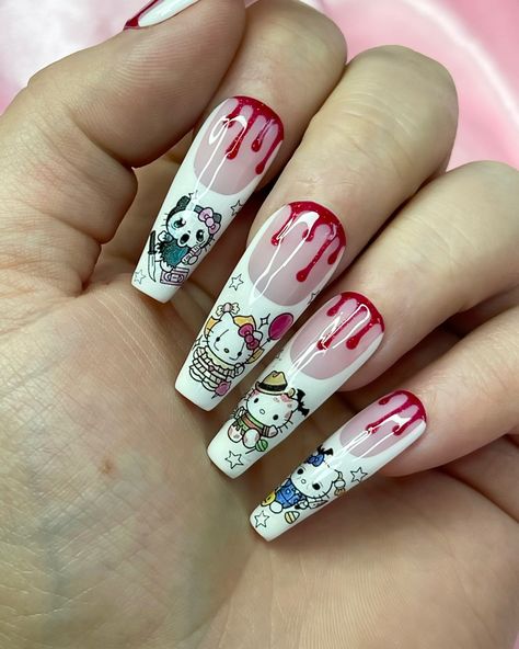 Unleash your inner scream queen with our NEW Killer Kitty press-on nails! 🎀🩸 These fierce white French tips feature Hello Kitty dressed as your fave horror icons, complete with red shimmer blood drips for that killer edge 🔪💅 Created using our brand-new Horror Kitty Nail Decals, each set is handmade to perfection! Shop now at nailandbail.co.uk and slay the spooky season! ✨ #KillerKittyNails #HorrorKitty #PressOnNails #NailArt #HandmadeNails #SpookySeason #NailGoals #pressons #pressonnails... Horror Kitty, Hello Kitty Horror, White French Tips, Kitty Nail, Horror Nails, Blood Drip, Hello Kitty Dress, White French Tip, Horror Icons