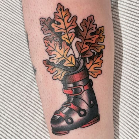 #skiboottattoo #skiboot #skiingtattoo #oakleaves #tattoo Skiing Tattoo, Ski Boots, Leg Tattoos, Tattoos