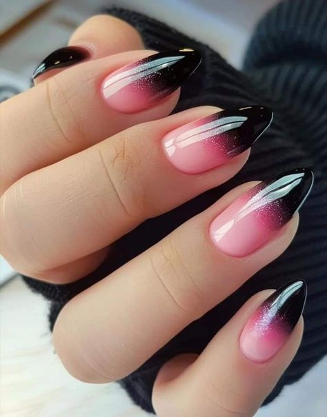 Gel Nails Ideas Short Ombre, Pink To Black Ombre Nails, Gel Nail Art Designs Easy, Pink And Black Ombre Nails, Black Ombre Acrylic Nails, Starlight Nails, Nail Inspiration Black, Ombre Dip Nails, Bougie Nails