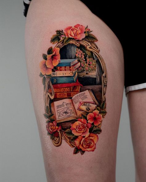 Academia Aesthetic Tattoo, Library Tattoo Ideas, Library Tattoos, Bookshelf Tattoo, Library Tattoo, Fandom Tattoos, Beauty And The Beast Tattoo, Ideas For Tattoos, Sweet Tattoos