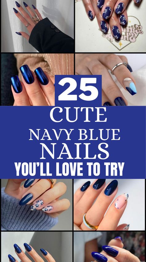 If you love navy blue nails then these nails are for you. These cute navy blue nails are the best and will suit any outfit you want to pair them with. These cute navy blue nails are beautiful so you can’t help but love them all. Navy White Nail Designs, Minimalist Navy Nails, Navy Short Nails Design, Navy Nails For Wedding, Navy Colored Nails, Navy Color Nails, Navy Blue Nails With Accent Nail, Navy Blue And White Nail Ideas, Nail Designs With Navy Blue