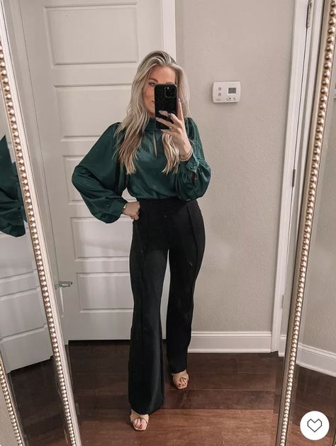 Needing a new work outfit? Here is one that is so simple but yet so stylish! Brining in colors into your outfits is a fun change! This emerald green blouse is the perfect fall top! Pair it with your favorite black pants and a fun heel! #fall #workoutfit #fallfit #blouse #workpants #worktops #officelook Classic Flare Workwear Bottoms, Washed Black Flare Jeans For Workwear, Fall High-waisted Workwear Flares, Non-stretch Fall Workwear Blouse, Floral Print 3/4 Sleeve Workwear Blouse, Emerald Green Blouse, Fall Fit, Fun Heels, Perfect Pant