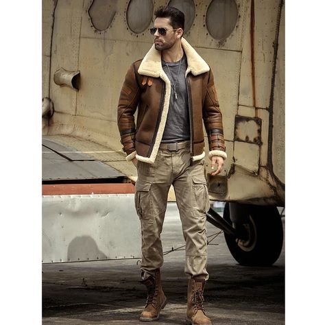 Aviator Jacket Outfit Men, Aviator Jacket Outfit, Sheepskin Coat Mens, Men Street Outfit, Pilot Fashion, Men With Glasses, Rainy Autumn, Mens Fur Coat, Captain America Movie