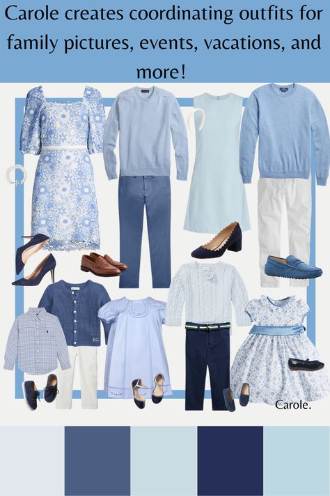 Complete outfits, ready to shop! Ready made coordinating clothing and fashion that you can choose from and customize for your family's needs and style preferences - whether preppy, formal, modern, or somewhere in-between! Perfect for family pictures, family events, family vacations, and more! Family Photoshoot Outfits Blue And White, Blue Group Outfit, Spring Family Pictures Outfits Blue, White And Blue Family Picture Outfits, Easter Family Pictures Outfits, Blue And White Photoshoot, Blue And White Family Photo Outfits, Baby Blue And White Outfit, Refresh Wardrobe