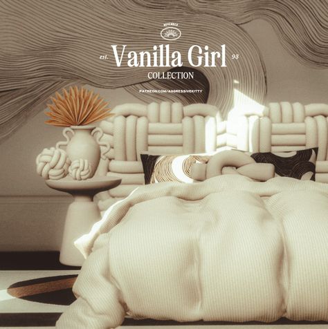 Vanilla Girl Aesthetic Collection Sims Coquette House, Sims 4 Housing Cc, Sims 4 Cc Influencer Furniture, Sims 4 Floor Bed Cc, All White Bedroom Aesthetic, Sims 4 Duvet Cc, Sims 4 Cc Vanilla Furniture, Sims 4 Canopy Bed Cc Maxis Match, Sims 4 Cc Beige Furniture