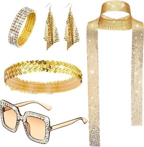 Amazon.com: 5 Pcs 70s Disco Accessories Women Costume Jewelry Disco Earrings Sequin Scarf Sunglasses Diamond Bracelet Headband (Black) : Clothing, Shoes & Jewelry Abba Jewellery, 70s Disco Jewelry, Disco Accessories, Disco Parties, 70s Accessories, Sequin Accessories, Silver Rope Bracelet, Disco Costume, Sequin Scarf