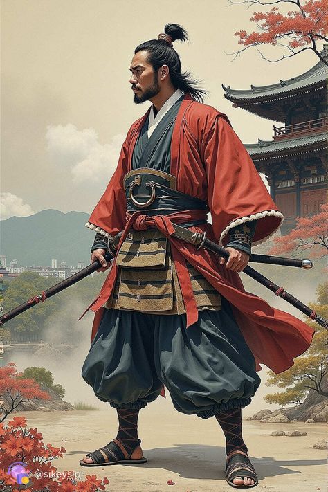 Travel back to a time when samurai ruled the battlefields and courts. This collection skillfully captures the atmosphere of the era, depicting the lives and deeds of legendary warriors. From their training to epic battles, each image tells its own story. #samurai #samuraiart #feudaljapan #historicalart #era #warrior Japanese Concept Art, Samurai Concept Art, Samurai Character Design, Miyamoto Musashi Art, Asian Warrior, Samurai Drawing, Samurai Concept, Samurai Clothing, Warrior Men