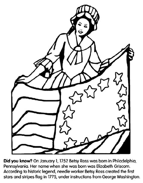 Use Crayola® crayons, colored pencils, or markers to color the picture of Betsy Ross, the seamstress who created America's first flag! Did you know?On January 1, 1752, Betsy Ross was born in Philadelphia, Pennsylvania. The name given to her when she was born was Elizabeth Griscom, but she later became known as Betsy Ross. According to historic legend, the needle worker created the first stars and stripes flag in 1775, under instruction from George Washington. Betsy Ross Project, American Flag Facts, American Flag Coloring Page, Cardinal Print, Disney Princess Aurora, Flag Coloring Pages, Disney Princess Snow White, Betsy Ross, Colonial America