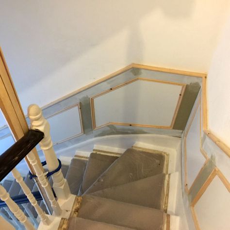 Wooden Panelling in Hertfordshire, Essex Stairs Panelling Staircases, Awkward Staircase, Stairway Paneling, Square Paneling, Stair Panelling, Staircase Paneling, Stairs And Hallway Ideas, Hallway Panelling, Winder Stairs