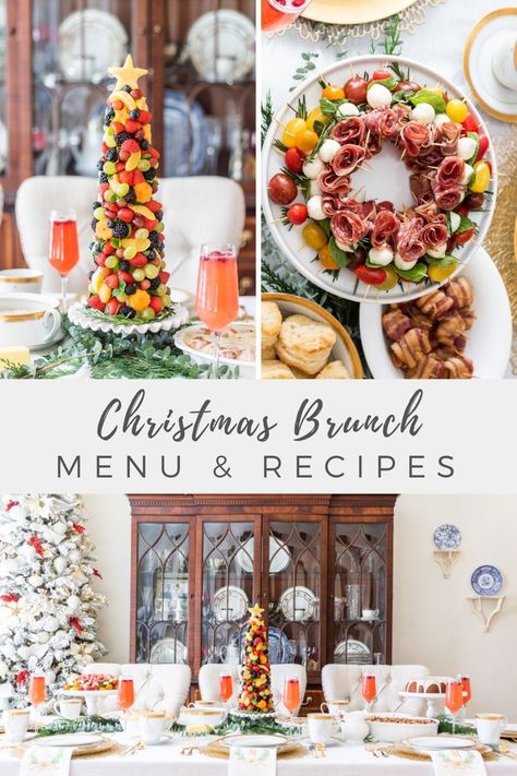 This beautiful Christmas brunch menu includes 10 Christmas brunch recipes that are delicious and some can be made ahead. From sausage and egg casserole, to cinnamon rolls, to a fruit Christmas tree, to a Cranberry Orange Mimosa, save these brunch ideas for later! Christmas Brunch Healthy, Christmas Brunch Decorating Ideas, Brunch Table Decor Ideas, Christmas Brunch Buffet Menu Ideas, Christmas Brunch Bar, Christmas Theme Brunch, Christmas Eve Brunch Ideas Families, New Year Breakfast Ideas, Ladies Christmas Brunch Ideas