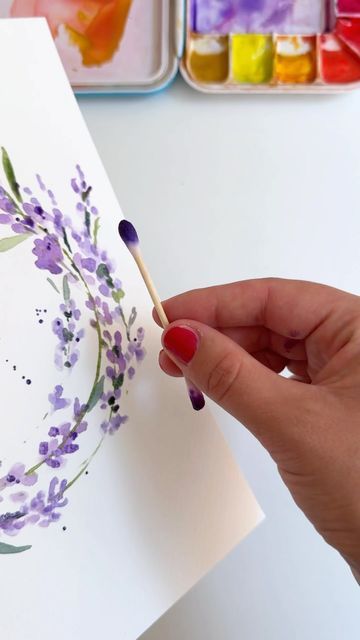 Painting Flowers Tutorial, Water Coloring, Learn Watercolor Painting, Lavender Wreath, Learn Watercolor, Watercolor Paintings For Beginners, Christmas Card Art, Watercolor Card, Diy Watercolor Painting