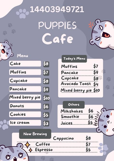 Cat Cafe Bloxburg, Cat Cafe Minecraft, Bloxburg Bakery, School Lunch Menu, Roblox Images, Decals Bloxburg, Menu Sans Gluten, Mixed Berry Pie, Restaurant Layout