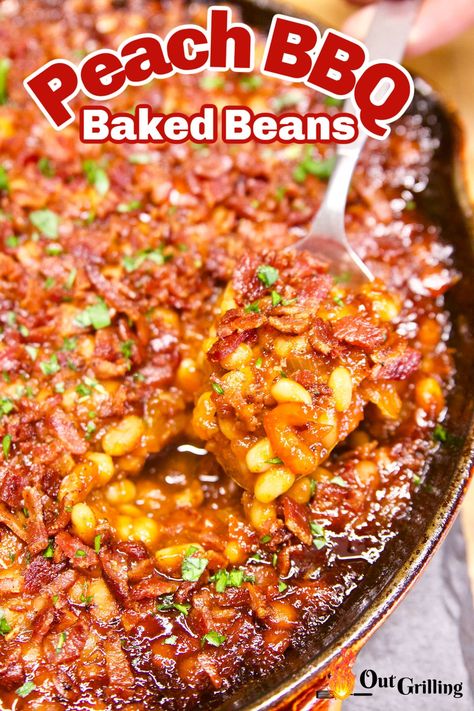 Peach BBQ Baked Beans are incredibly delicious and the perfect side dish for any meal on the grill. Sweet and savory with bell peppers, onions and plenty of crispy bacon. Bourbon Baked Beans, Peach Bbq, Bbq Sauce Homemade Easy, Bbq Baked Beans, Bbq Beans, Grill Meat, Vegetarian Crockpot Recipes, Outdoor Cooking Recipes, Baked Bean Recipes