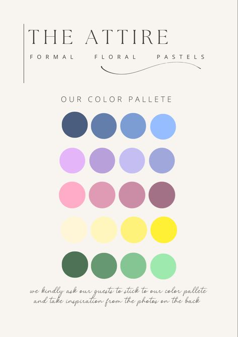 Wedding attire, the attire cards for guests, wedding guest attire, formal attire, floral dresses for wedding, wedding color pallete, attire guide for wedding guests, wedding invitations, canva designs, weddings2023 trends, pastel colors, pastel wedding, trendy wedding colors, wedding aesthetic, weddings 2024 trends, Color Code For Wedding Guests, Pastel Colors Wedding Guests, Color Scheme For Wedding Guests, Pastel Dress Code Party, Wedding Dress Code Guide For Guests, Wedding Guest Dress Code Color Scheme, English Garden Wedding Dress, Wedding Guest Color Dress Code, Wedding Attire Guide