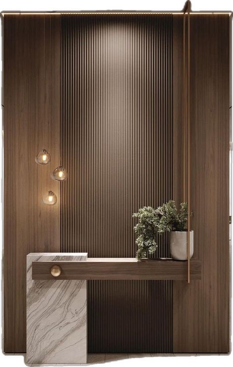 Modern Hallway Entrance, Foyer Wall Paneling Design, Hotel Lobby Interior Design Entrance, Art On Paneled Walls, Luxury Puja Room Design, Lobby Console Design, Entryway Wallpaper Accent Wall, Entry Lobby Design Entrance, Entry Passage Design