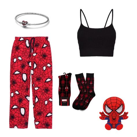 spider man pj pants black top spider man plush bracelet marvel socks Spider Man Pajamas Couple, Spider Man Pants Pjs, Spiderman Pjs Women, Spiderman Pyjama Pants, Spiderman Clothes For Women, Spider Man Merch Aesthetic, Spider Man Fits, Spider Man Outfits Ideas Aesthetic, Spider Man Things To Buy