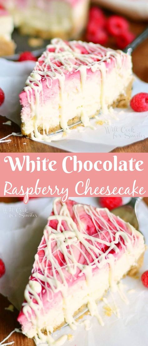 White Chocolate Raspberry Swirl Cheesecake is a soft and smooth cheesecake made with fresh raspberry swirl, layers of white chocolate on the bottom and on top. Copycat Recipes Cheesecake Factory White Chocolate Raspberry, Chocolate Raspberry Swirl Cheesecake, Valentine Cheesecake Recipes, Cheesecake With Raspberry Topping, Valentines Day Cheesecake Ideas, Linger Longer Food Ideas Lds, Scoopable Cheesecake, Fruity Cheesecake Recipes, White Chocolate Raspberry Cheesecake Balls