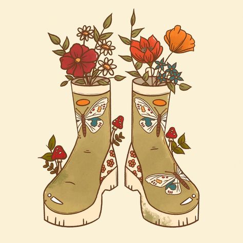 Shanna’s Creations 🍄 on Instagram: “When you leave your rain boots out for several years and fungi starts to grow on them 😩🍄 . . . #procreateillustration #proceate…” Wellies Drawing, Rain Boots Illustration, Rain Boots Drawing, Boot Illustration, Boots Illustration, Boots Drawing, Vintage Pop Art, Garden Drawing, When You Leave