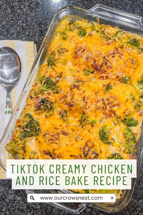 This TikTok Chicken and Rice recipe is so delicious and easy that you’ll want to make this for your family every week!  Juicy chicken breasts, and flavorful rice, topped with an onion seasoning and shredded cheese is the perfect and easiest dinner for weeknights.  Everything is mixed in one baking dish and baked in the oven. Baked Cheesy Chicken And Rice, Rice O Roni Recipes Chicken, Rice And Shredded Chicken Recipes, Chicken Breast And Rice Recipes Oven, Chicken And Rice Recipes Oven, Dump And Bake Chicken And Rice, Dump And Bake Cheesy Chicken And Rice, Chicken And Rice In The Oven, Oven Baked Chicken And Rice Recipes