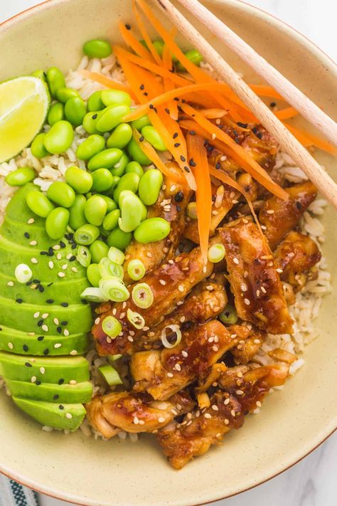 Teriyaki Chicken bowls are a fun spin on a classic stir fry dish. Enjoy this sweet and savory chicken with your favorite fresh toppings. Teriyaki Chicken Bowl With Cabbage, Teriyaki Chicken Avocado Bowl, Chicken Stir Fry Bowl, Terriaki Chicken Bowls, Teriyaki Chicken Sushi Bowl, Teriyaki Chicken Poke Bowl, Chicken Poke Bowls, Teriyaki Bowls Chicken, Teriyaki Chicken Rice Bowl Recipes