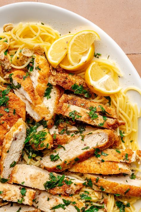 Homemade Chicken Scampi Recipe - Fed & Fit Sliced Chicken Breast Recipes, Chicken Scampi Recipe, Chicken Scampi, Breaded Chicken Cutlets, Fed And Fit, Favorite Pasta Recipes, Cutlets Recipes, Chicken Pasta Bake, Scampi Recipe