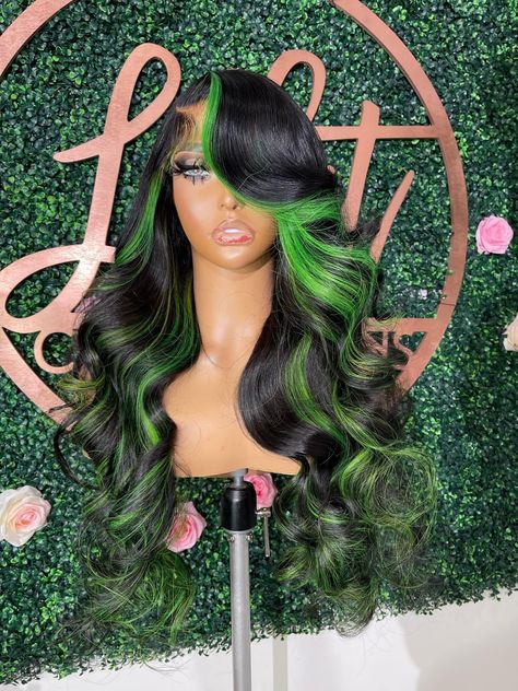 Highlighted Wig, Black And Green Hair, Birthday Look, Frontal Wig Hairstyles, Birthday Hairstyles, Green Wig, Pretty Hair Color, Human Virgin Hair, Celebrity Hair Stylist