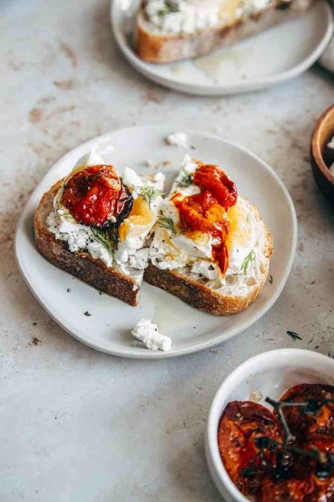 Toast Photography, Toast Restaurant, Tomato And Ricotta, Jammy Eggs, Egg Roast, Homemade Ricotta, Ricotta Toast, Slow Roasted Tomatoes, Open Faced Sandwich