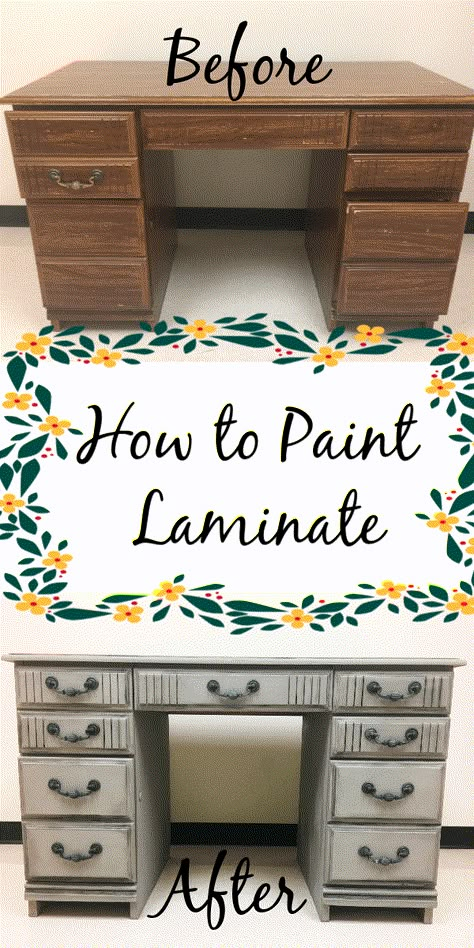 How to Paint over a Laminate Furniture Desk - Let's Paint Furniture! Laminate Furniture Makeover, How To Paint Laminate, Painting Laminate Furniture, Painting Laminate, Furniture Desk, Laminate Furniture, Distressed Furniture, Furniture Painting, Refurbished Furniture