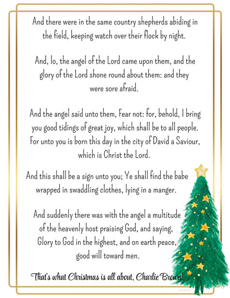 Print out the Scripture passage Linus used in his monologue on A Charlie Brown Christmas and hang it in your home as a reminder of the true meaning of Christmas! Linus Christmas Speech, Linus Christmas, Charlie Brown Christmas Quotes, Linus Charlie Brown, Brown Printable, God Notes, Book Of Luke, Every Time A Bell Rings, Christmas Speech