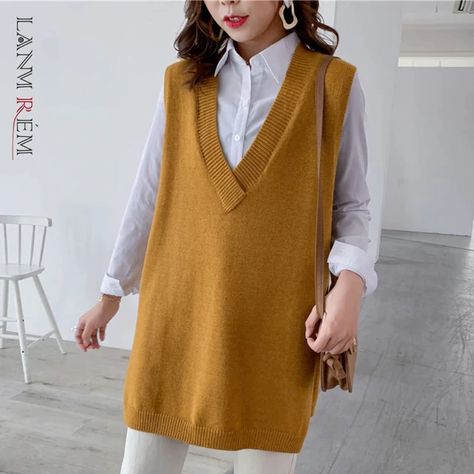 LANMREM 2021 Spring New V-neck Solid Color Seelveless Knit Sweater Streetwear Fashion Loose Wild Outgoing Vest Female PC435 _ - AliExpress Mobile Sweater Vests For Women, Green Sweater Vest, Loose Vest, Sweater Streetwear, White Ripped Jeans, Egirl Outfits, Winter Typ, Streetwear Mode, Y2k Aesthetic Outfits