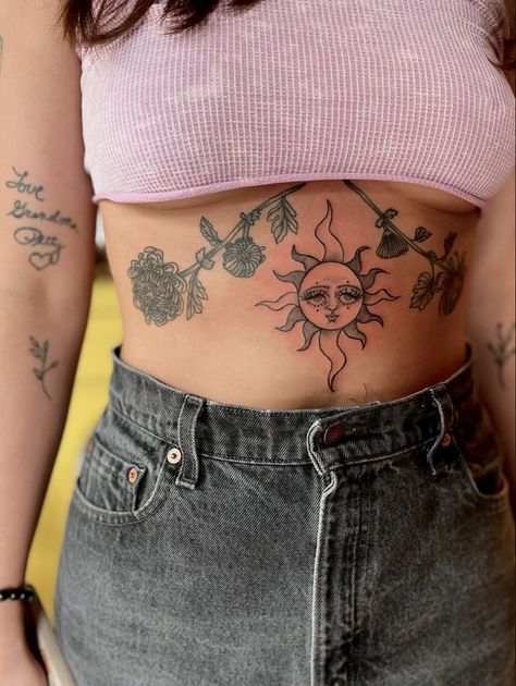 stomach tattoo sun funky face floral chrysanthemum Eye Tattoo On Stomach, Female Tummy Tattoos, Stomach Tattoo Piece, Sun Stomach Tattoos Women, Stomach Tattoo Plus Size Women, Sun Belly Tattoo, Tummy Tattoo Plus Size, Sun Tattoo On Stomach, Sun Tattoo Stomach