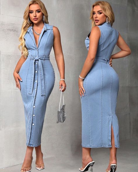 ✨Pre-order only, S(8) - XXL(18)✨ Denim Dress With Belt, Jeans Styling, Neat Casual Outfits, Womens Denim Dress, Denim Dresses, Dress With Belt, Split Hem, Elegant Outfit, Womens Maxi Dresses