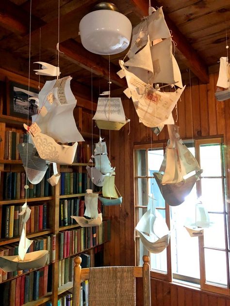 a paper ship installation and other notes from the forest – ann wood handmade Big Project Ideas, Paper Ship Craft, Handmade Design Ideas, Guilford Connecticut, Diy Bunting, Craft Aesthetic, Paper Boats, Decoration Vitrine, Ann Wood