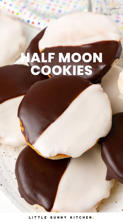 This recipe for soft, delicate cake-like Half Moon Cookies topped with half vanilla and half chocolate icing is an iconic New York City treat! Half Moon Cookies Recipe, Half Moon Cookies, Black White Cookies, Black And White Cookie Recipe, Cocoa Powder Recipes, Light Cake, Moon Cookies, White Cookies, Black And White Cookies