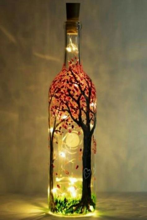 Wine Bottle With Fairy Lights, Tre Kunst, Forest Magic, Painted Glass Bottles, Wine Bottle Corks, Glass Bottle Diy, Diy Glass Bottle Crafts, Wine Bottle Art, Glass Bottles Art