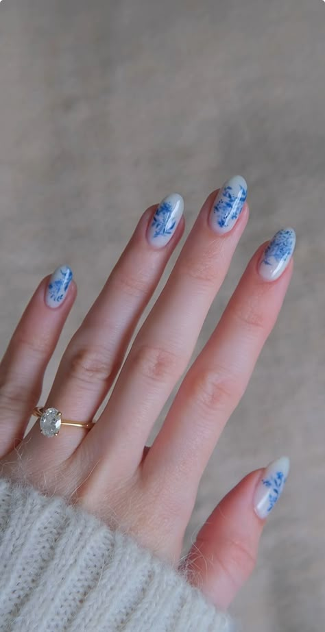 Real Nail Art, White And Blue Wedding Nails, Blue Wedding Guest Nails, Engagement Nails Blue, Wedding Blue Nails, Blue Bride Nails, Blue Watercolor Nails, Portugal Inspired Nails, Navy Floral Nails