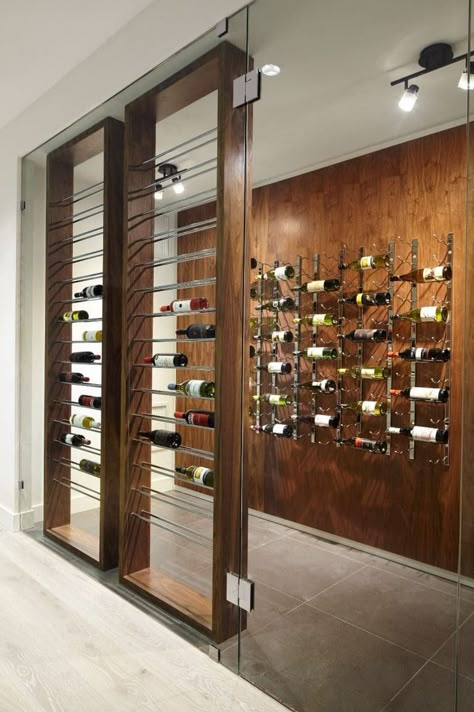 Wine Cellar Basement Modern, Metal Wine Rack Ideas, Wine Shelves Wall, Wooden Wine Rack Wall, Basement Modern, Diy Wine Cellar, Cellar Basement, Metal Wine Racks, Modern Home Bar Designs