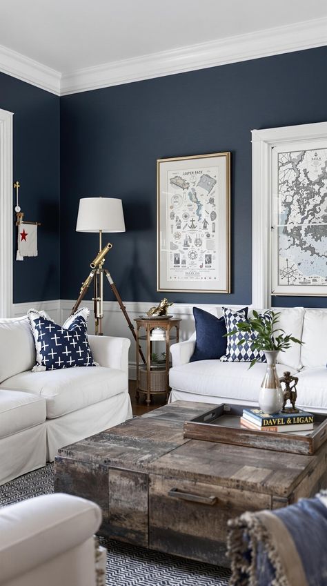 Coastal Living Room Decor Inspiration Navy Blue White Living Room, Dark Coastal Interior Design, Masculine Coastal Office, Masculine Coastal Decor, Dark Coastal Living Room, Modern Navy Living Room, Nautical Living Rooms, Nautical Living Room Ideas, Living Room Blue And White