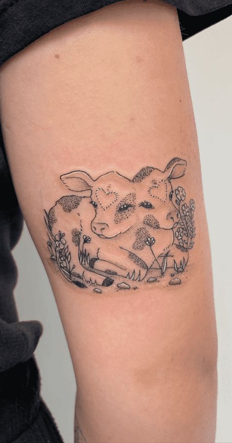 Double Headed Cow Tattoo, Two Headed Cow Tattoo, 2 Headed Calf Tattoo, Two Headed Calf Drawing, Cottagecore Tattoos, Cutesy Tattoos, Two Headed Calf Tattoo, Cute Tattoo Design, Cow Tattoos