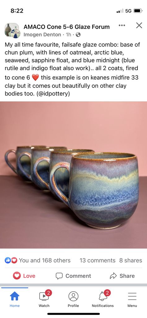 Chin Plum Glaze Combinations, Amaco Combinations, Glazed Mugs, Pottery Party, Pottery Tips, Glazing Ideas, Glaze Combinations, Glaze Combos, Glaze Ideas