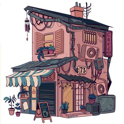 ArtStation - Small Café, Helena Smołka Drawing Town Buildings, Building Art Reference, Cute Buildings Drawing, Minecraft Warehouse Ideas, Town Design Ideas, Cute Cafe Drawing, Cafe Concept Art, Neighborhood Drawing, Warehouse Illustration