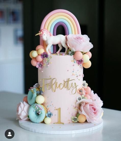 Unicorn And Fairy Cake, Butterfly And Unicorn Cake, Rainbow Cake Decoration, Unicorn Two Tier Cake, Unicorn Cake With Macaroons, Unicorn Birthday Party Cake, Fondant Rainbow, Unicorn 1st Birthday, Birthdays Cakes