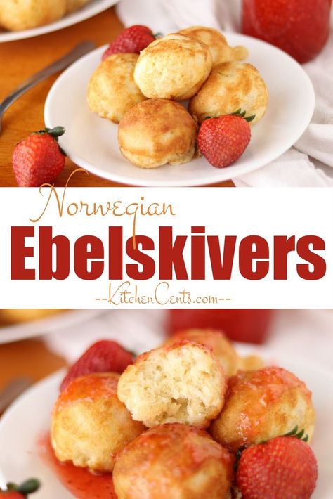 Delicious Norwegian pancakes shaped like a balls.  A small pancake ball stuffed with your favorite filling or topping.  A delicious easy breakfast that everyone will love.  A fluffy pancake ball filled with cardamom.  Homemade ebelskivers are a great and fun way to enjoy pancakes.  Top with your favorite jam or jelly.  These ebelskivers come complete with a crisp golden brown exterior and fluffy soft interior.  Perfect for any morning. #breakfast #pancakeballs #pancakerecipe Norwegian Pancakes, Aebleskiver Recipe, Ebelskiver Recipe, Pancake Balls, Pancake Shapes, Homemade Crepes, Nordic Recipe, Flavored Pancakes, Norwegian Food