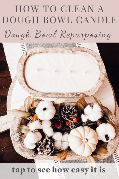 How to Clean a Dough Bowl Candle to Repurpose as Farmhouse Decor & Candle Decor Dough Bowl Candle Ideas, Minimal Farmhouse Decor, Dough Bowl Decor, Minimal Farmhouse, Candle Tips, Dough Bowl Candles, Candle Reuse, Bowl Candles, Candle Wax Removal