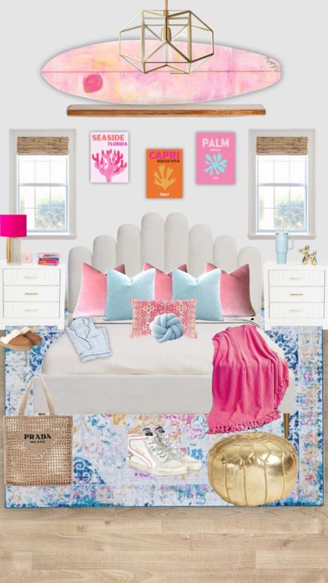 #preppybedroomides Preppy Coconut Girl Room, Preppy Room Collage, Preppy Room Beach, Preppy Bed Ideas, Coastal Pink Bedroom, Boho Preppy Bedroom, Preppy Beach Bedroom, Pink Beachy Room, Preppy Beach Room