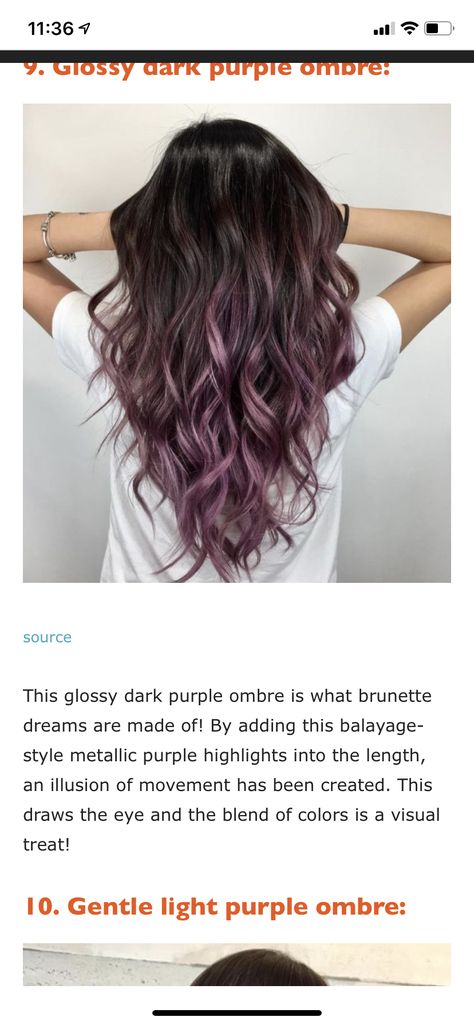 Brown Hair With Lavender Tips, Bayalage Brunette With Purple, Brunette Hair With Fun Colors, Fall Hair Color For Brunettes Purple, Purple Overtone On Brown Hair, Ash Brown And Purple Hair, Brunette With Purple Balayage, Light Brown And Purple Hair Balayage, Shag With Peekaboo Highlights